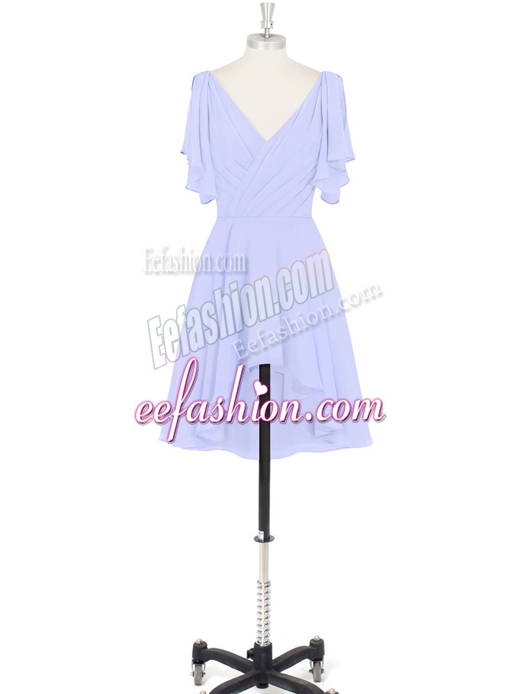 Elegant V-neck Short Sleeves Backless Prom Evening Gown Baby Blue Chiffon