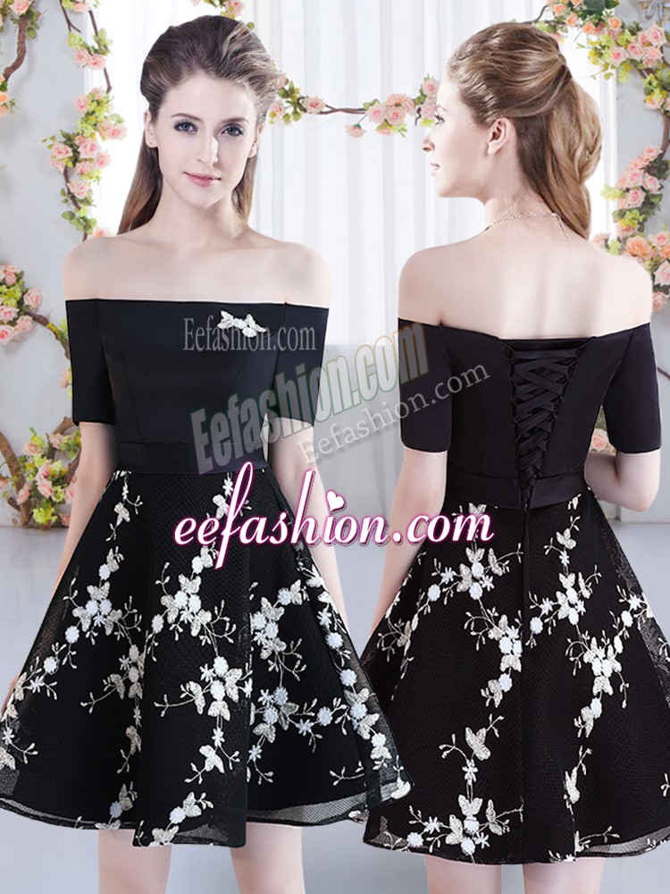 Cheap Black A-line Off The Shoulder Short Sleeves Organza Mini Length Lace Up Appliques Quinceanera Court Dresses