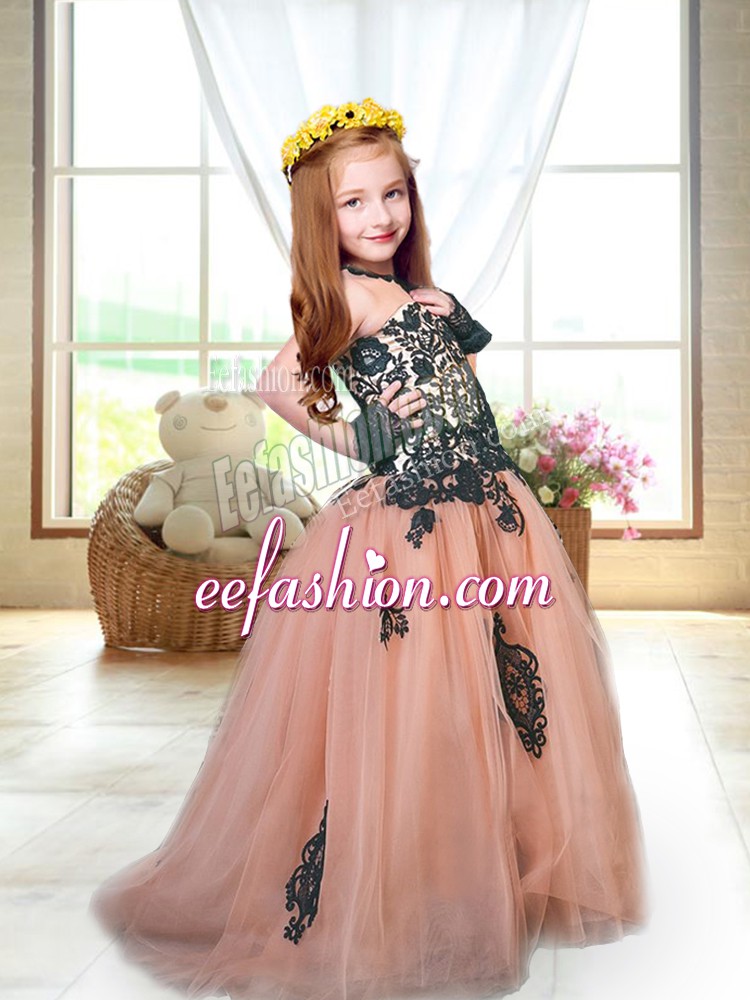 Dazzling Tulle Spaghetti Straps Sleeveless Brush Train Lace Up Appliques Pageant Gowns For Girls in Peach