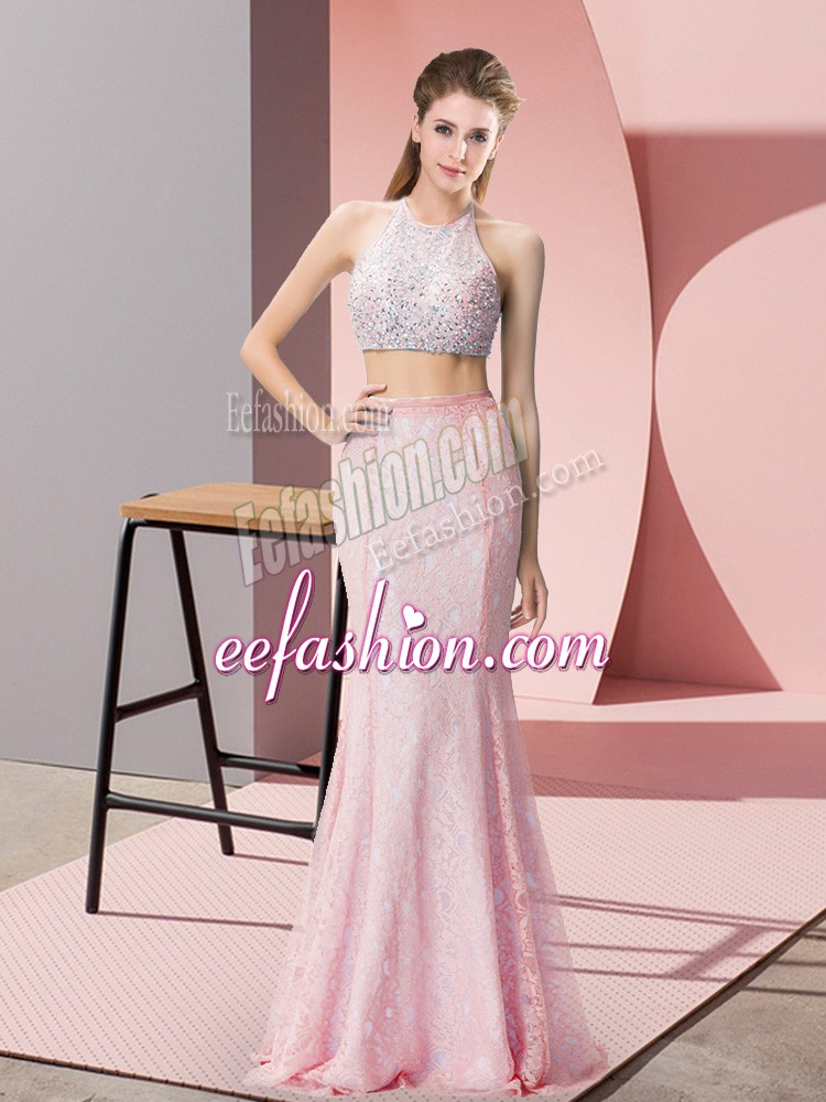  Floor Length Backless Prom Dresses Pink for Prom and Party and Wedding Party with Beading