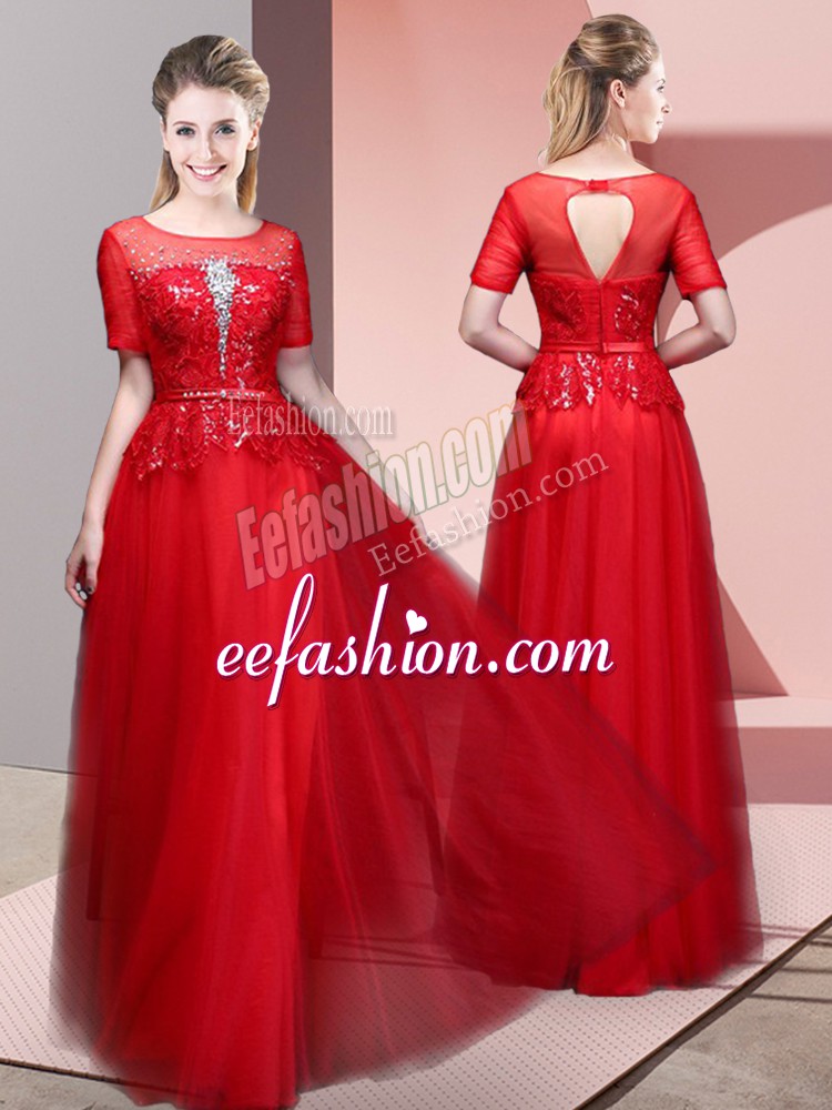  Floor Length Red Prom Evening Gown Tulle Short Sleeves Beading and Lace