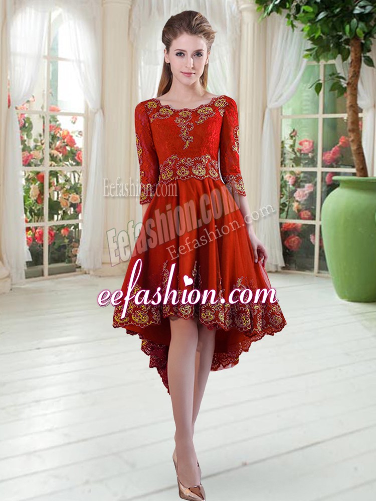  Red Long Sleeves Embroidery High Low Evening Dress