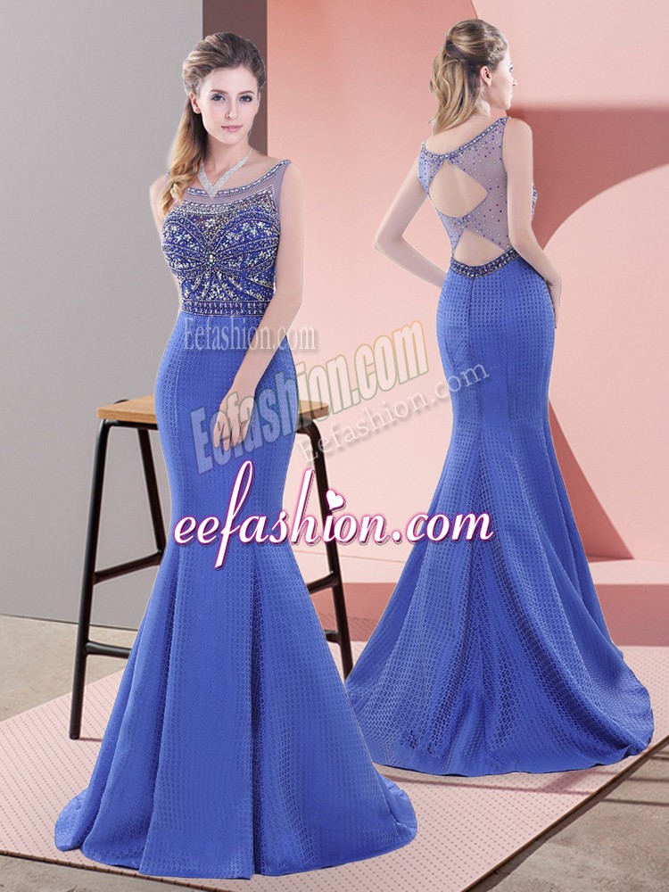  Blue Prom and Party with Beading and Lace Scoop Sleeveless Sweep Train Lace Up