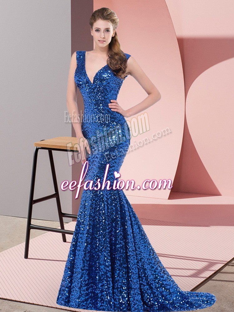 Best Royal Blue Sleeveless Sequined Sweep Train Lace Up Evening Dress for Prom and Party