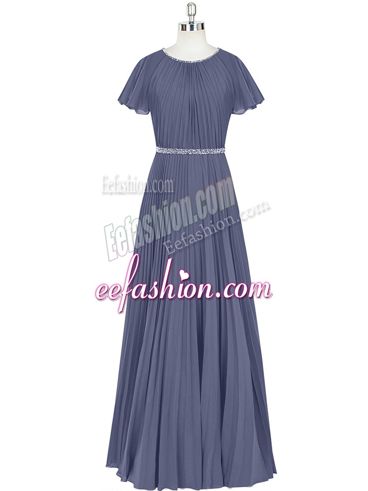  Empire Prom Gown Blue Scoop Chiffon Short Sleeves Floor Length Zipper