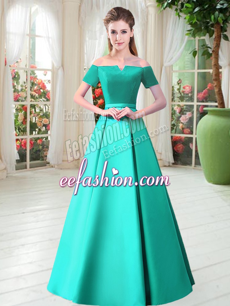 Delicate Floor Length Turquoise Prom Evening Gown Satin Short Sleeves Belt