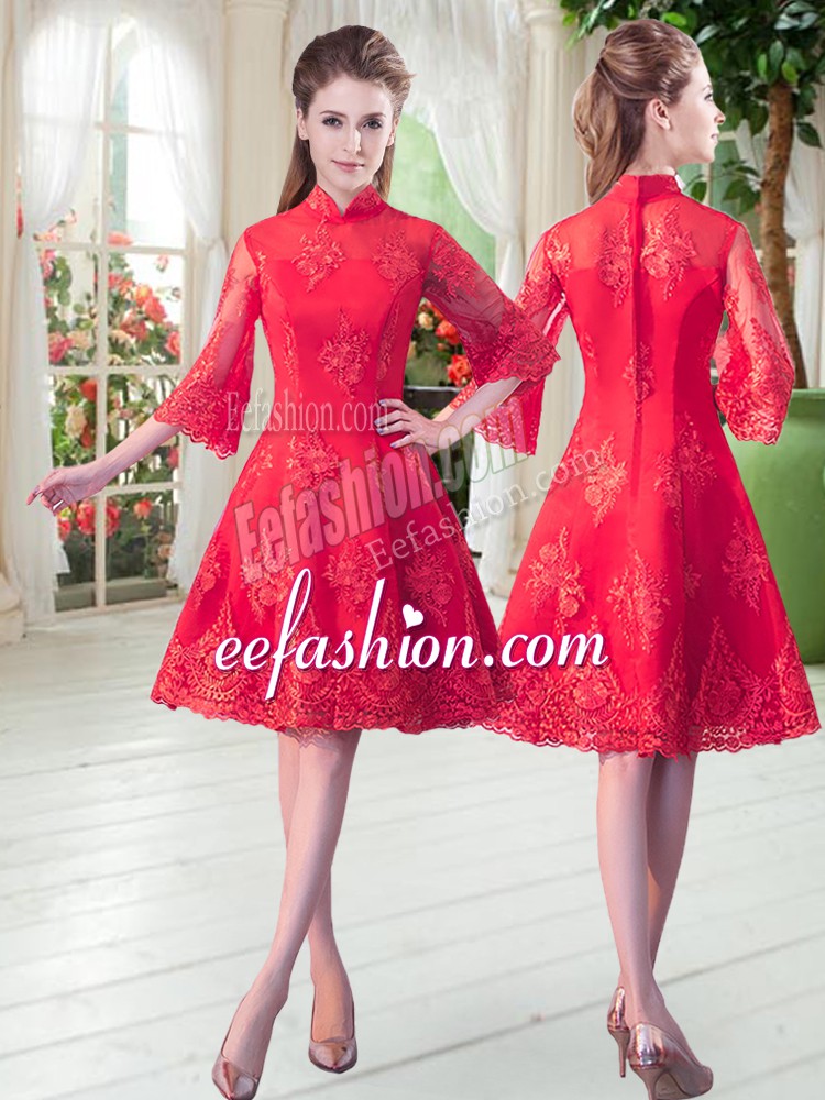  3 4 Length Sleeve Knee Length Lace Zipper Prom Dresses with Red