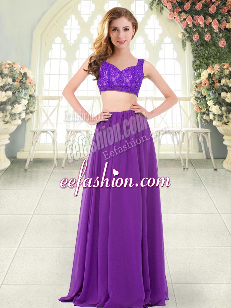  Purple Sleeveless Beading and Lace Floor Length Prom Evening Gown