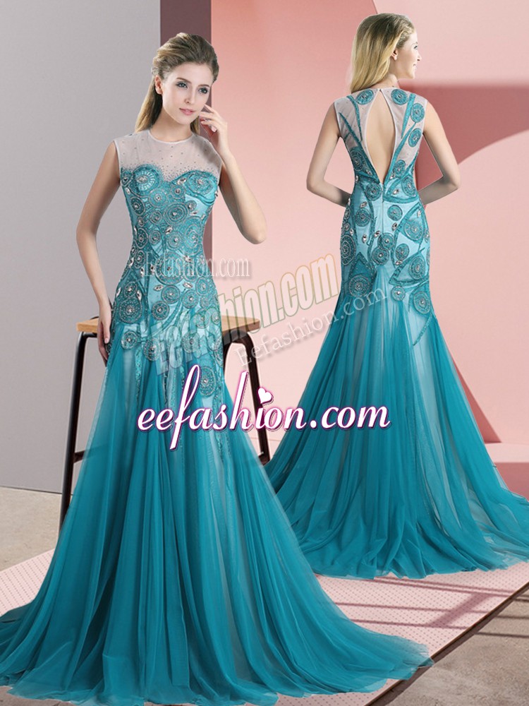 Luxury Tulle Scoop Sleeveless Sweep Train Backless Beading and Appliques Prom Dresses in Teal 