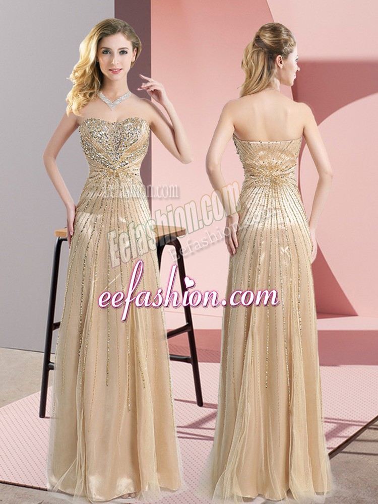 Hot Sale Sleeveless Tulle Floor Length Zipper Evening Dress in Champagne with Beading