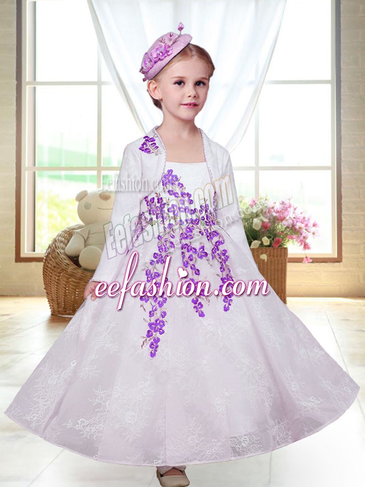  White Sleeveless Embroidery Ankle Length Flower Girl Dresses for Less