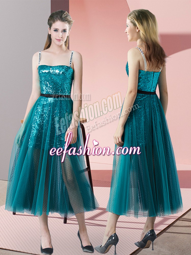  Sleeveless Tulle Tea Length Zipper Prom Evening Gown in Teal with Sequins