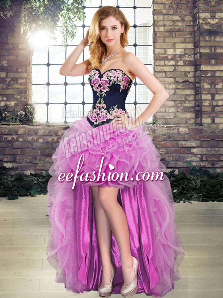  Sleeveless Lace Up High Low Appliques and Embroidery Homecoming Dress