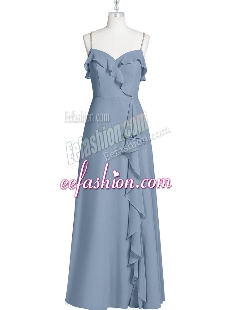 Exceptional Floor Length Blue Prom Dresses Chiffon Sleeveless Ruching