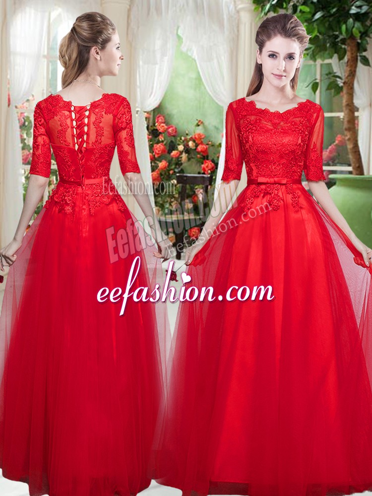  Lace Prom Evening Gown Red Lace Up Half Sleeves Floor Length