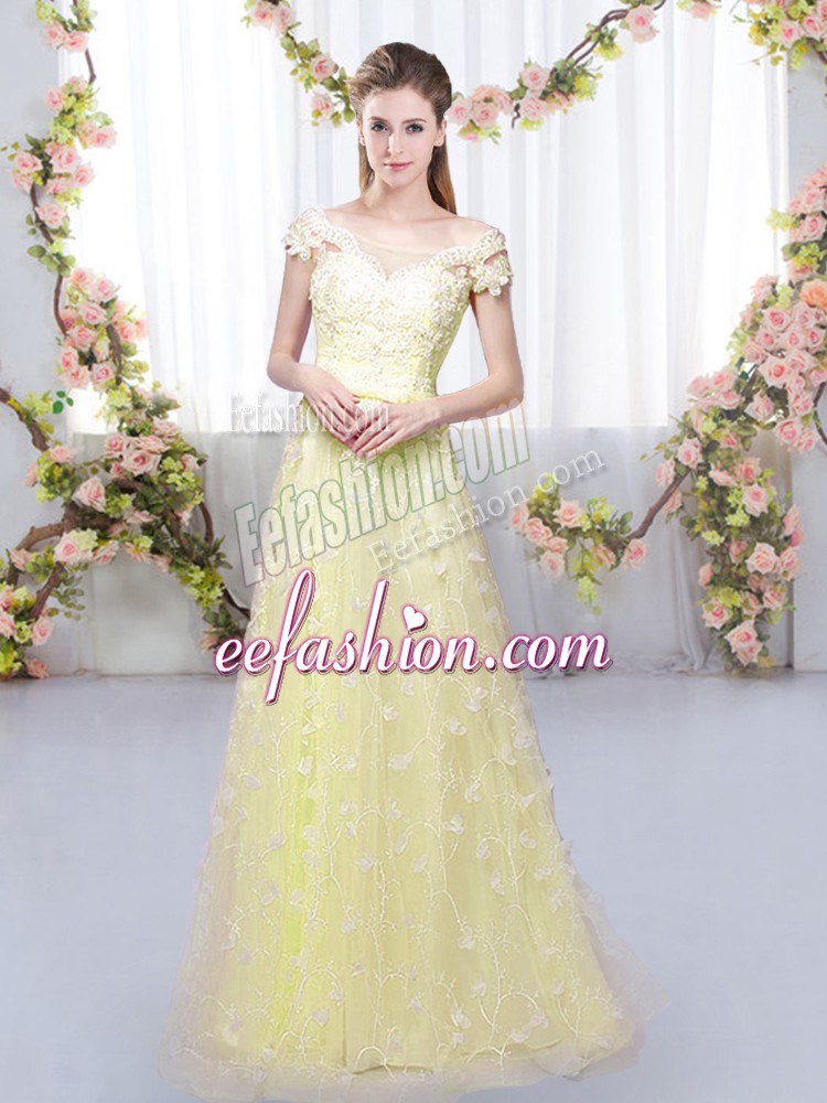  Floor Length Lace Up Quinceanera Court of Honor Dress Light Yellow for Prom and Party and Wedding Party with Appliques