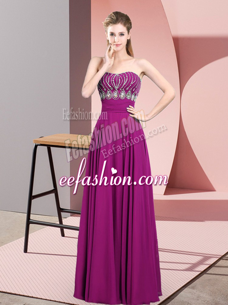 Floor Length Zipper Evening Outfits Fuchsia for Prom and Party and Military Ball with Beading and Ruching