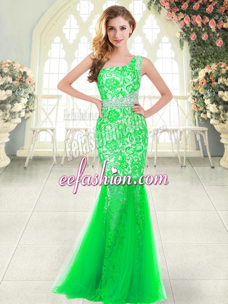 Dynamic Green Tulle Zipper Juniors Evening Dress Sleeveless Floor Length Beading and Lace