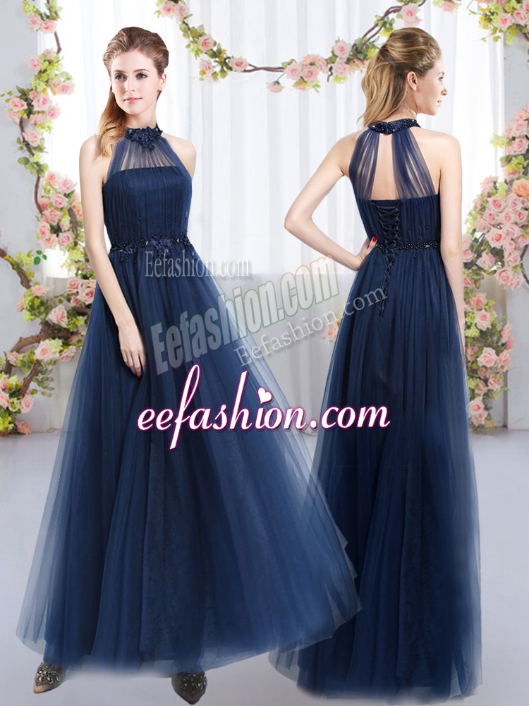 Fancy Tulle High-neck Sleeveless Lace Up Appliques Damas Dress in Navy Blue