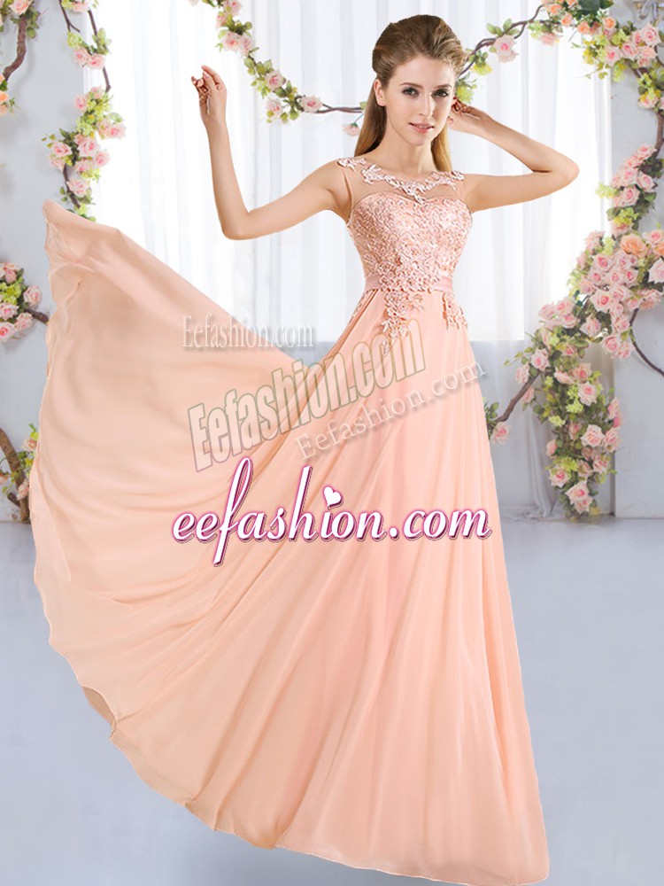  Empire Wedding Guest Dresses Peach Scoop Chiffon Sleeveless Floor Length Lace Up