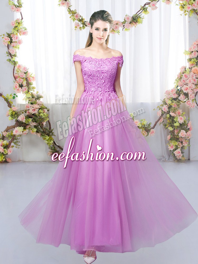 Eye-catching Floor Length Lilac Dama Dress for Quinceanera Off The Shoulder Sleeveless Lace Up