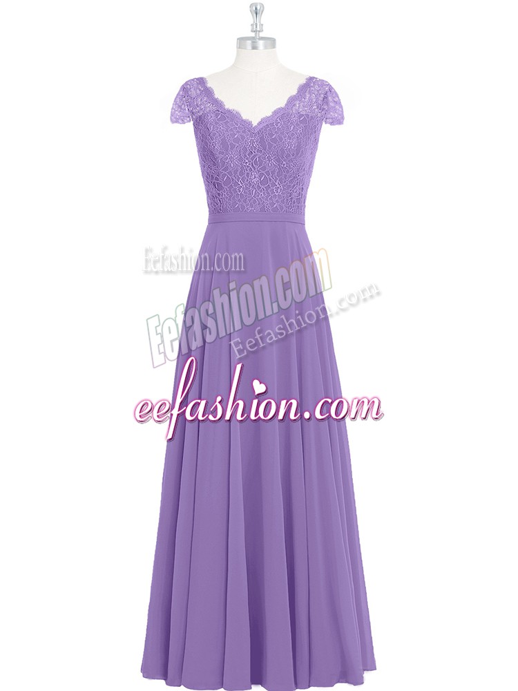 Hot Sale Empire Prom Evening Gown Lavender Scalloped Chiffon Cap Sleeves Floor Length Zipper