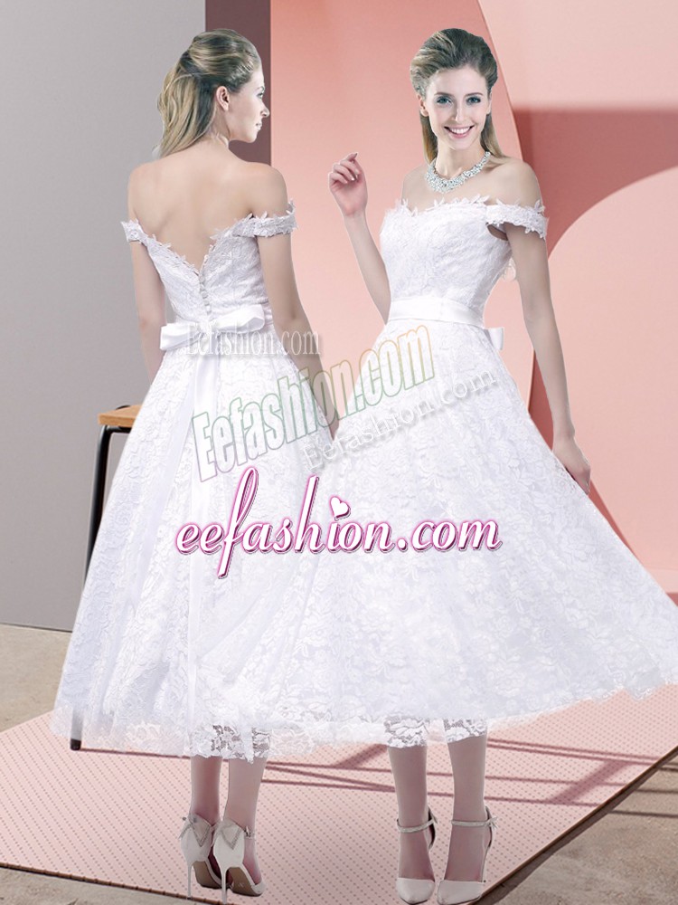 Perfect White Lace Criss Cross Strapless Sleeveless Tea Length Homecoming Dress Belt