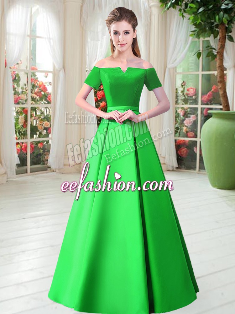 Sweet Belt Prom Party Dress Green Lace Up Short Sleeves Floor Length