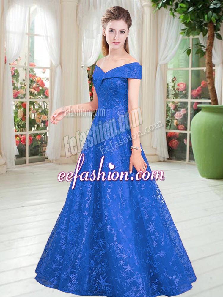  Off The Shoulder Sleeveless Prom Evening Gown Floor Length Beading Blue Lace