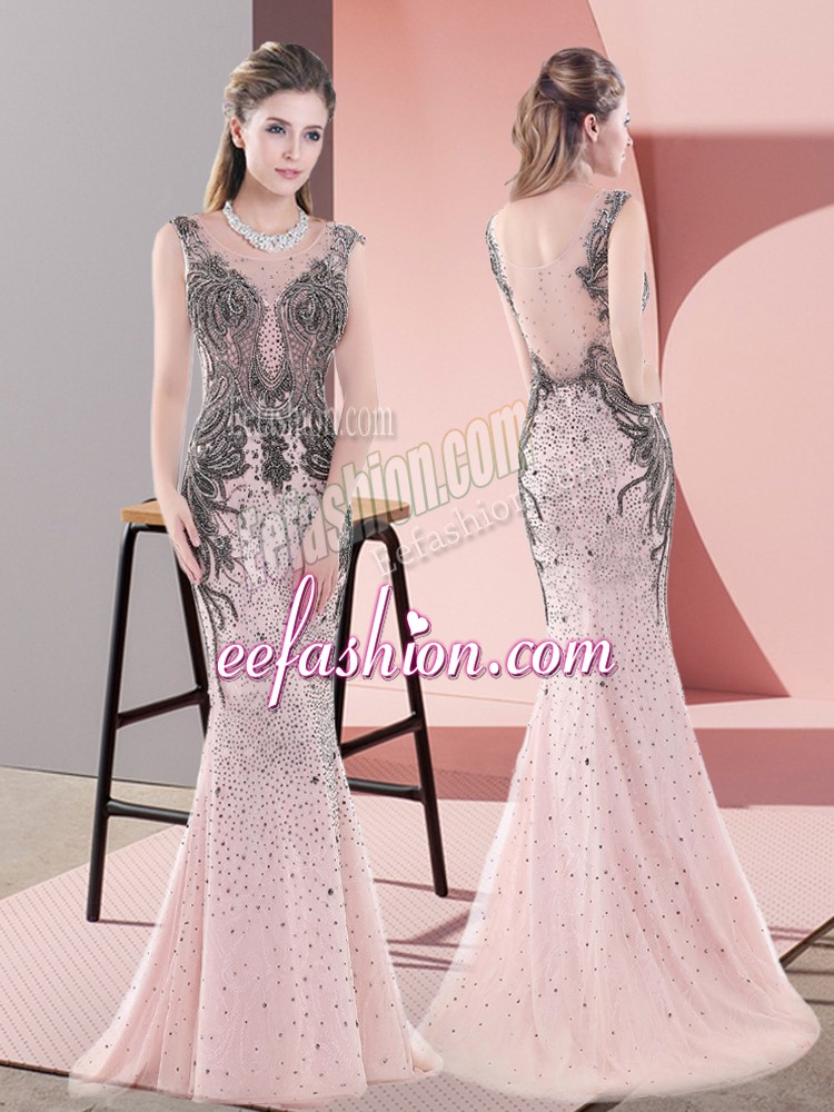  Pink Sleeveless Sweep Train Beading and Lace Prom Gown