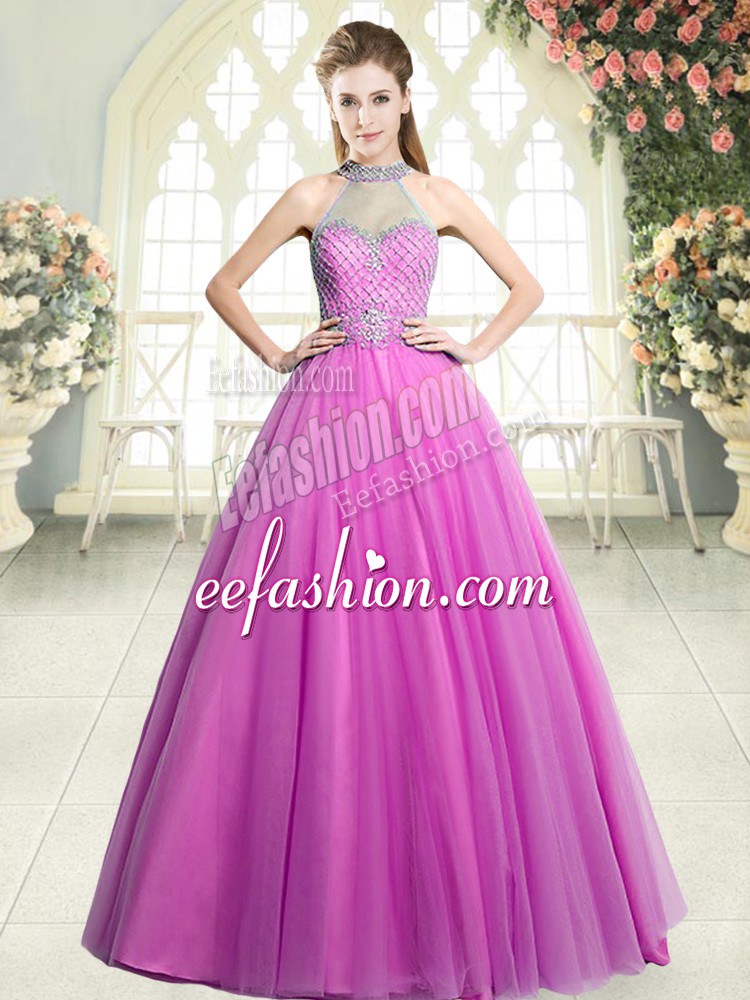  Sleeveless Tulle Floor Length Zipper Dress for Prom in Pink with Beading