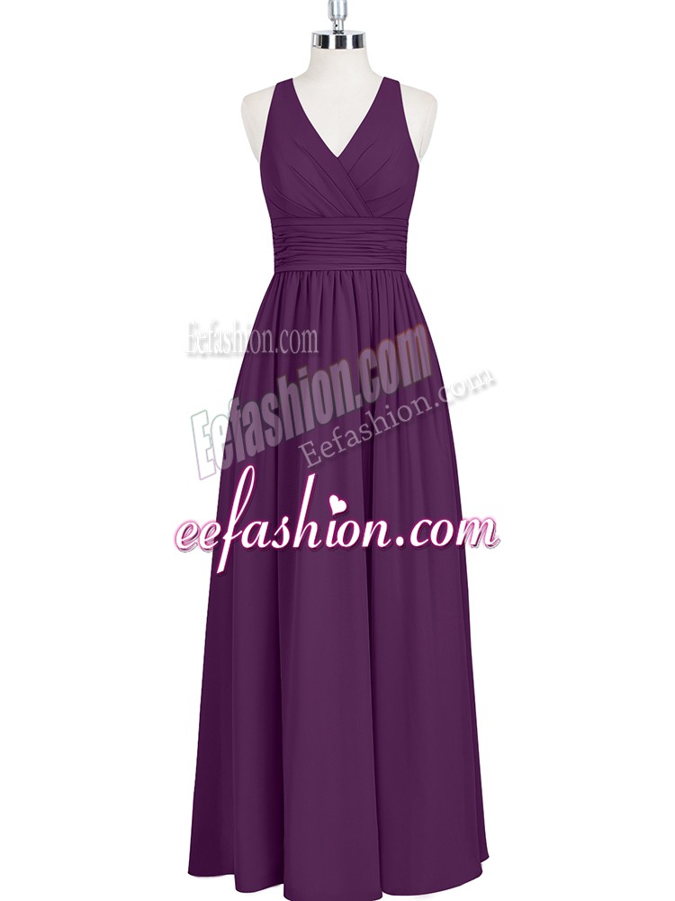 Customized Floor Length Zipper Prom Dress Eggplant Purple for Prom and Party with Ruching