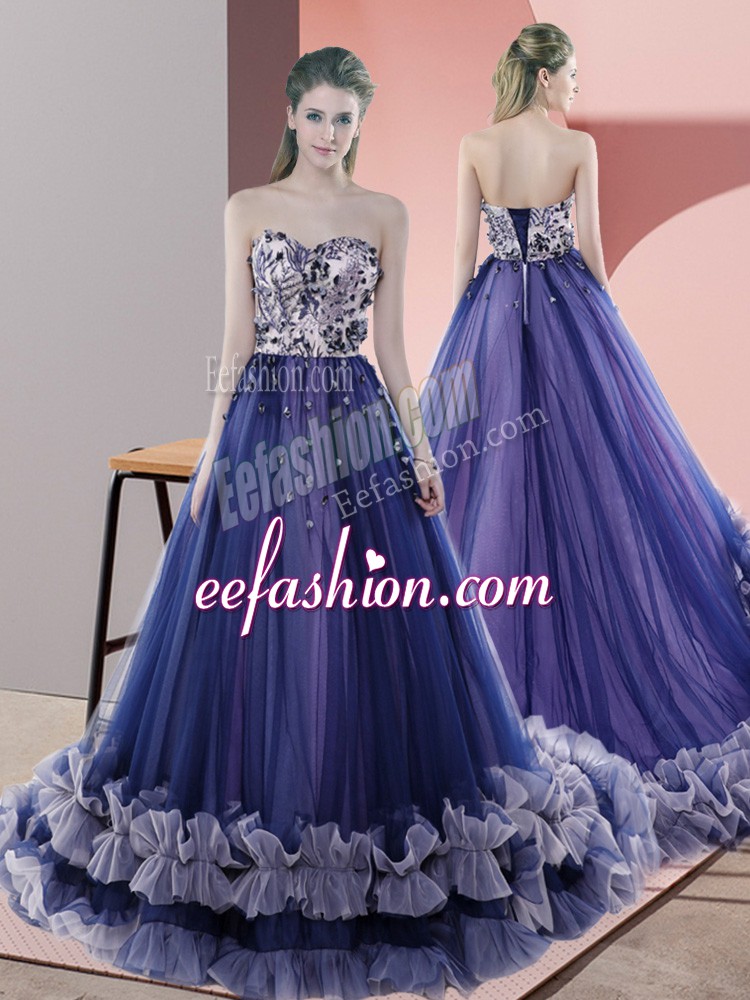  Blue Prom Party Dress Sweetheart Sleeveless Sweep Train Lace Up
