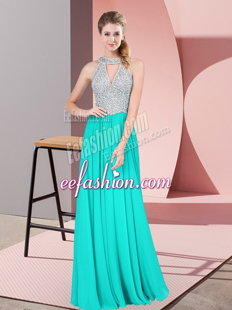 Custom Design Floor Length Backless Prom Evening Gown Turquoise for Prom and Party with Beading and Lace
