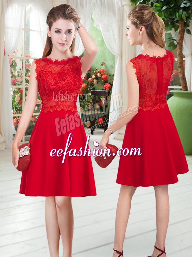  Red Empire Lace Prom Dress Zipper Satin Sleeveless Knee Length