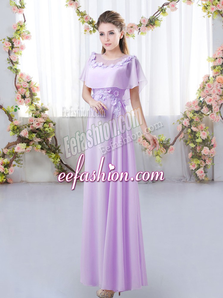  Lavender Chiffon Zipper Bridesmaid Dress Short Sleeves Floor Length Appliques