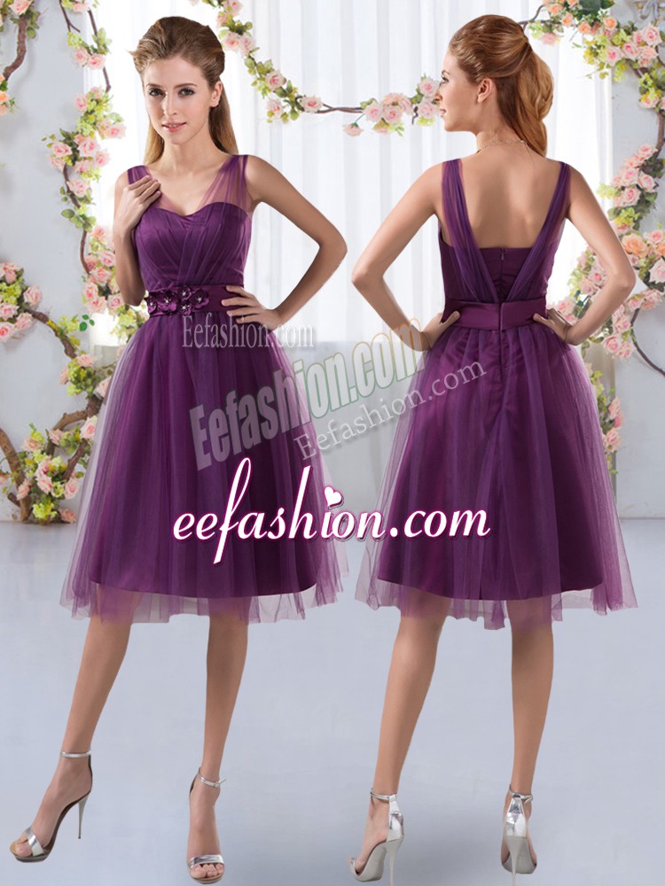 Comfortable Purple Empire V-neck Sleeveless Tulle Knee Length Zipper Appliques Dama Dress for Quinceanera