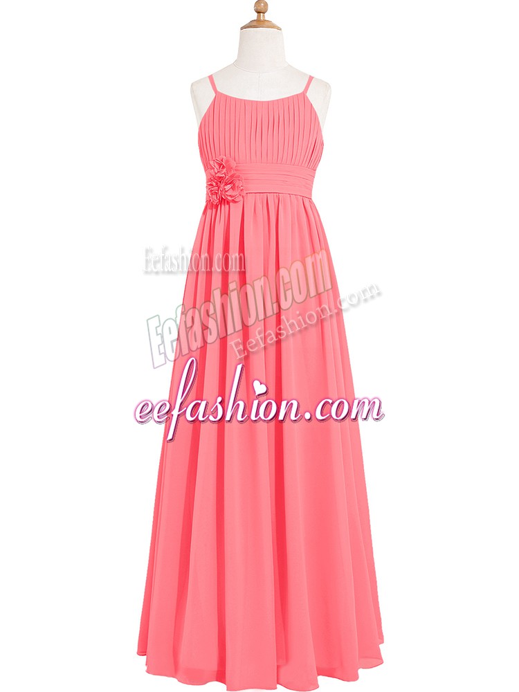 Glorious Watermelon Red Sleeveless Pleated and Hand Made Flower Floor Length Evening Dress