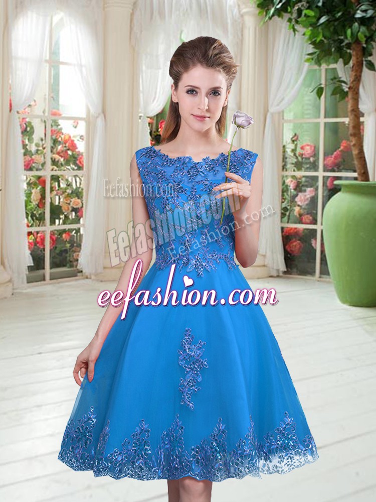 Nice Sleeveless Tulle Knee Length Lace Up Prom Gown in Blue with Beading and Appliques
