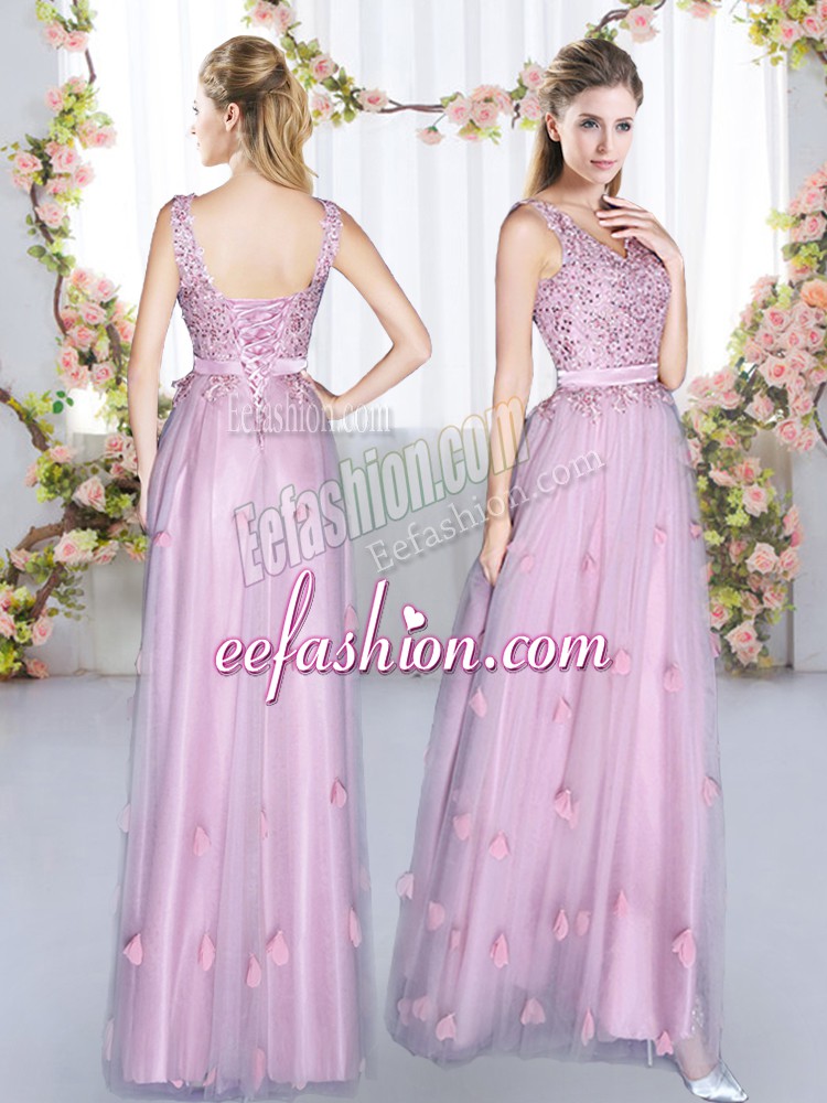 Glamorous Lavender Sleeveless Floor Length Beading and Appliques Lace Up Court Dresses for Sweet 16
