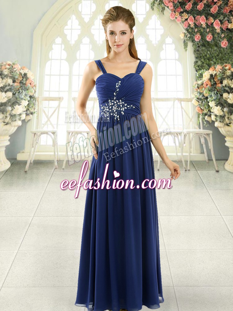 Sophisticated Sleeveless Chiffon Floor Length Lace Up Evening Dress in Blue with Beading and Ruching