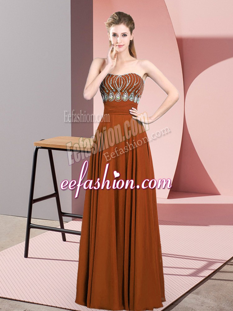 Discount Strapless Sleeveless Prom Evening Gown Floor Length Beading Brown Chiffon