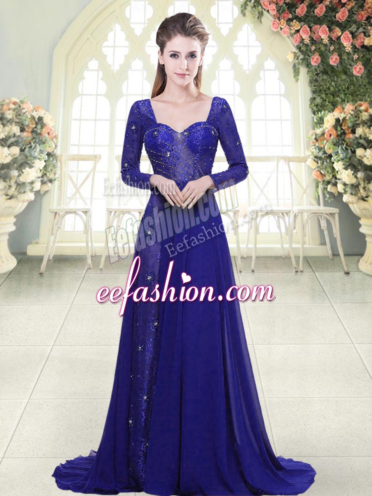 Adorable Royal Blue Prom Gown Prom and Party with Beading and Lace Sweetheart Long Sleeves Sweep Train Backless