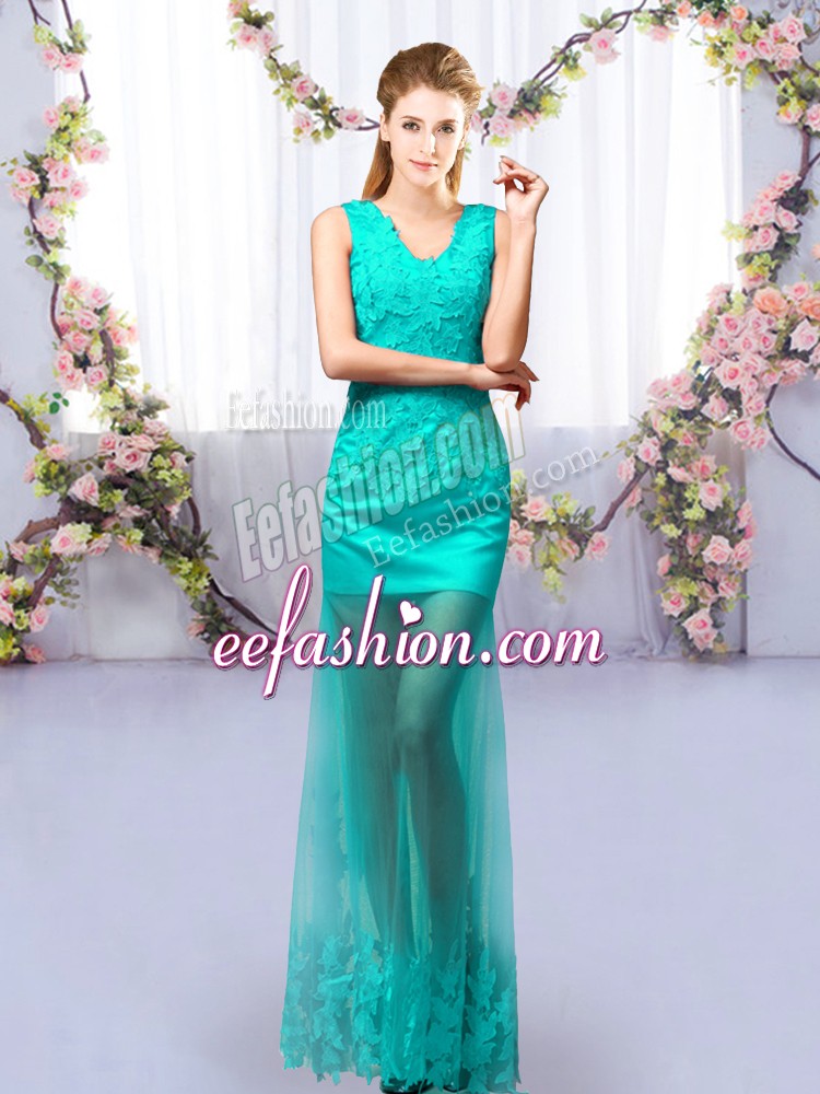  Turquoise Quinceanera Dama Dress Prom and Party and Wedding Party with Lace V-neck Sleeveless Lace Up