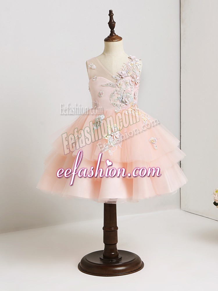 Beauteous Sleeveless Mini Length Appliques Zipper Toddler Flower Girl Dress with Pink 