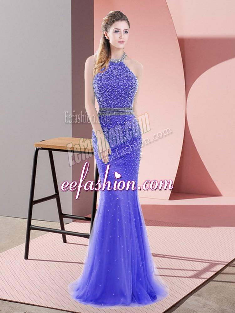 Fashion Blue Tulle Backless Halter Top Sleeveless Prom Dress Sweep Train Beading