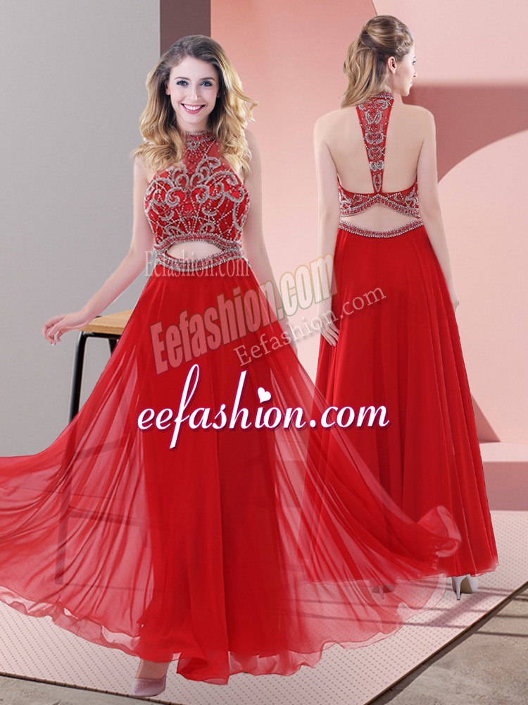  Halter Top Sleeveless Homecoming Dress Ankle Length Beading Red Chiffon