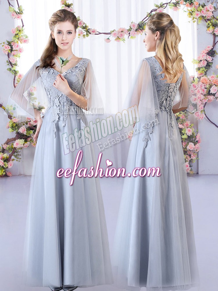 Smart Grey Court Dresses for Sweet 16 Prom and Party and Wedding Party with Appliques V-neck Sleeveless Lace Up