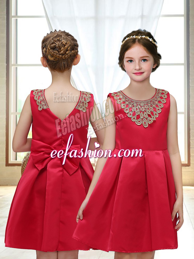  Scoop Sleeveless Toddler Flower Girl Dress Mini Length Appliques Red Satin