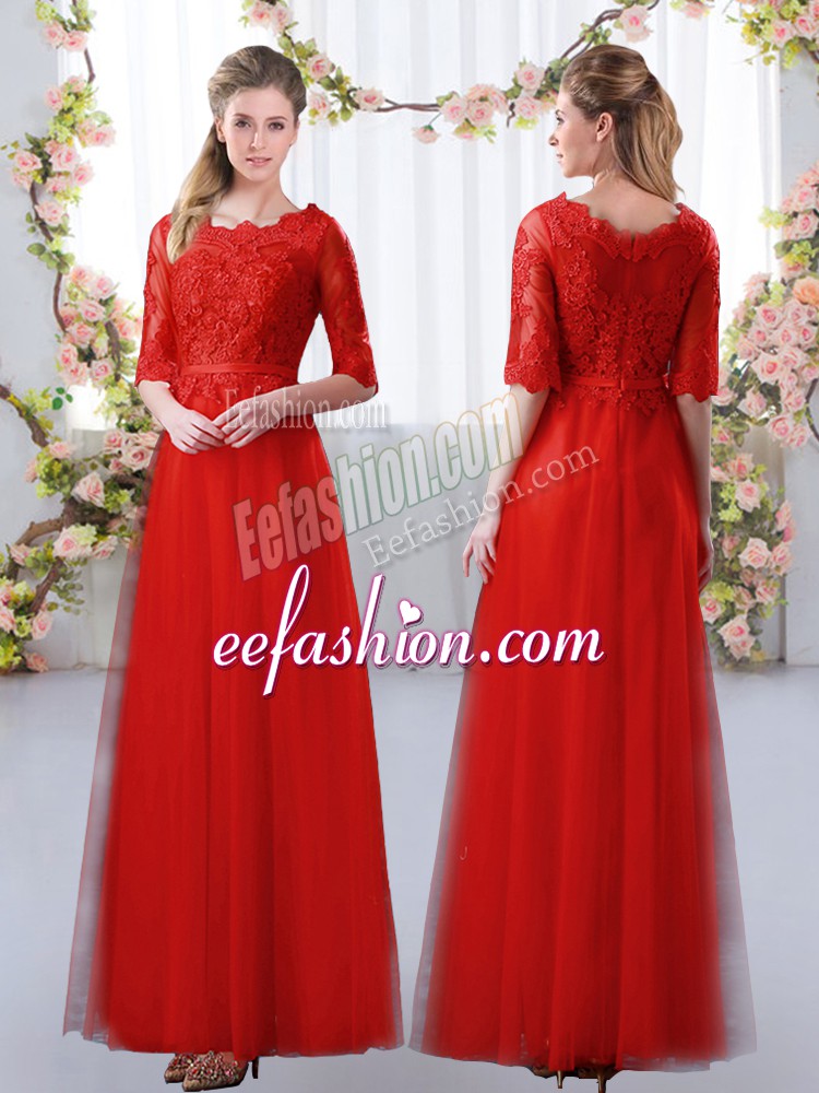  Red Scalloped Neckline Lace Court Dresses for Sweet 16 Half Sleeves Zipper